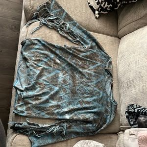 Blue and brown top with fringe on sleeves- size medium